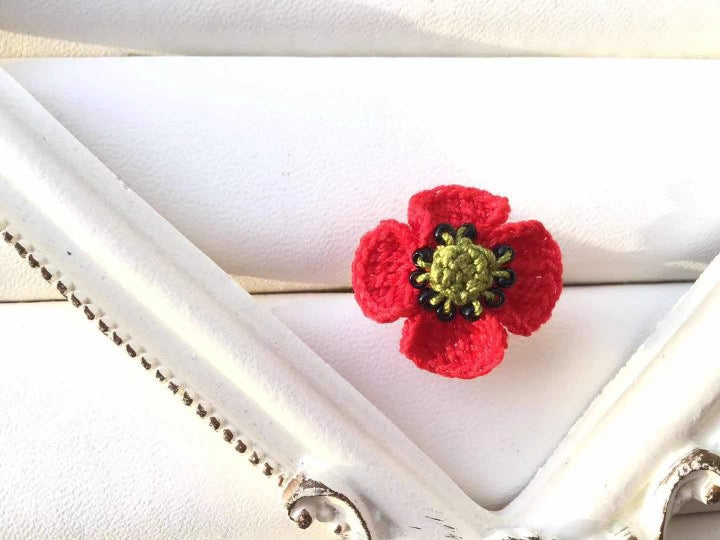 Crochet|Anzac Day - Red Poppy Flower Ring